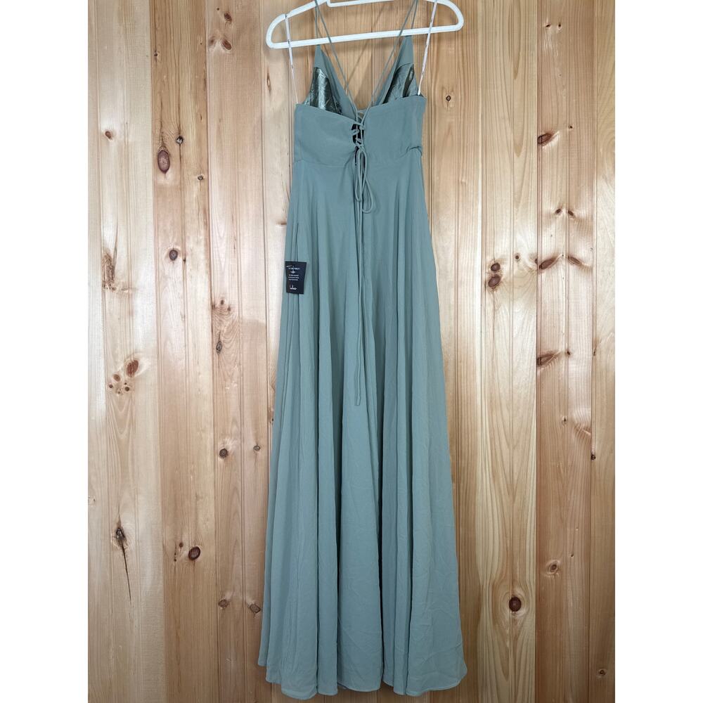 NWT Lulus Romantically Speaking Sage Green Cowl Lace-Up Maxi Dress Bridesmaid S - Picture 5 of 7